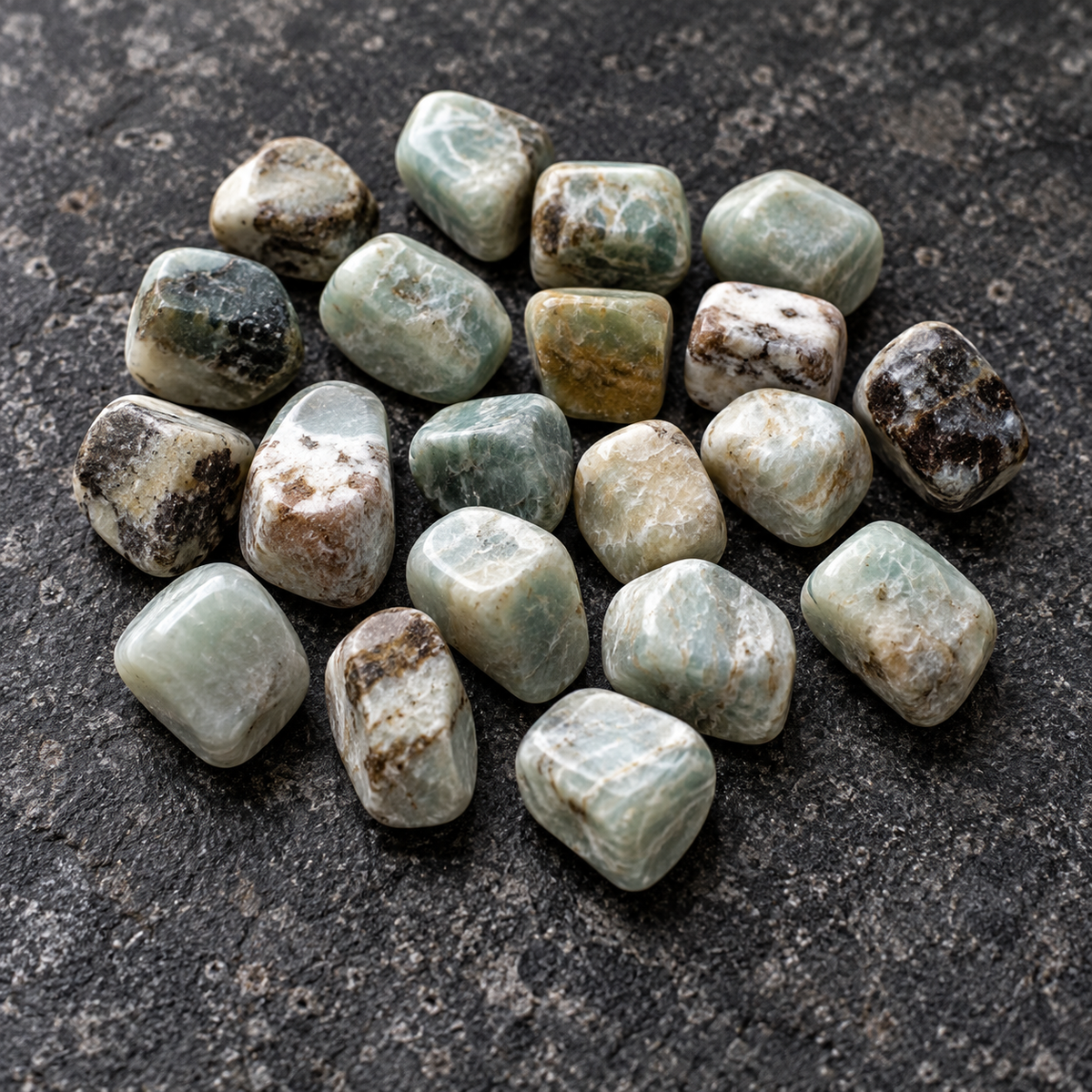 Amazonite Tumbled Stones – Natural, Polished Healing Stone, Heart, Throat Chakra Crystal, Calming For Meditation Reiki 35-40 PCs/LB - dark close-up