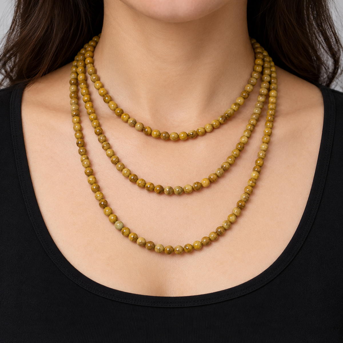Yellow Tiger Skin Jasper Natural Healing Stones – 6mm, 8mm, 10mm Wood Jasper - necklace styling example