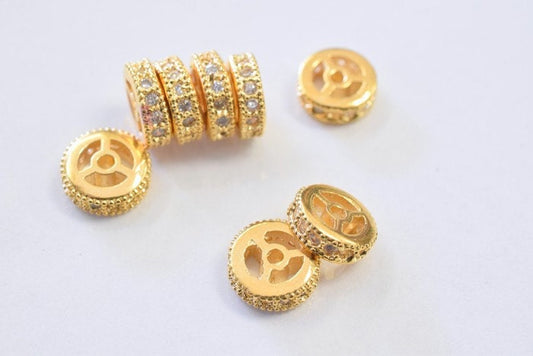 14k 9mm Roundel Gold Filled Look, EP Micro Pave Beads Clear CZ Cubic Zirconia jewelry making supplies
