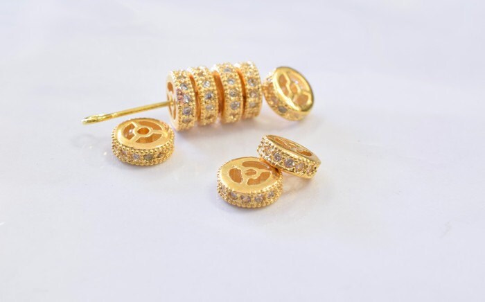 14k 9mm Roundel Gold Filled Look, EP Micro Pave Beads Clear CZ Cubic Zirconia jewelry making supplies - detail image 4
