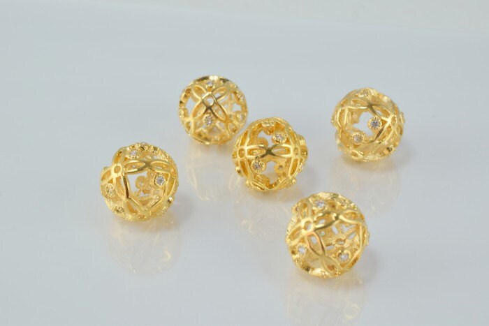 10mm Round Ball 18k Gold Filled Micro Pave Beads with Clear CZ Cubic Zirconia, 18K Gold Filled Findings For Jewelry Making...