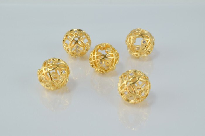 10mm Round Ball 18k Gold Filled Micro Pave Beads with Clear CZ Cubic Zirconia, 18K Gold Filled Findings For Jewelry Making...