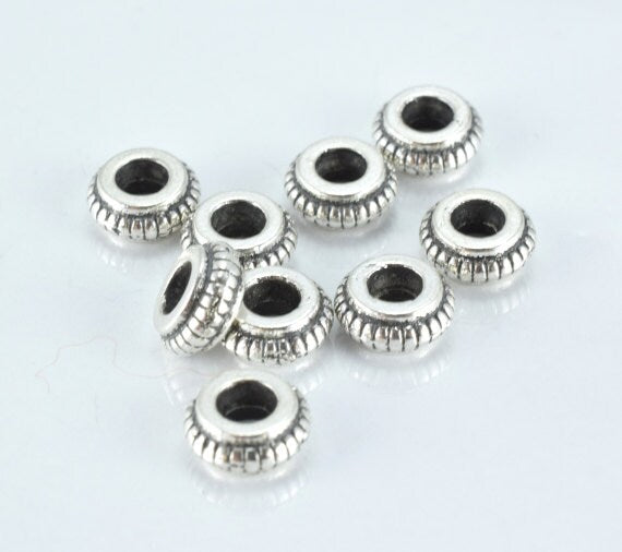 7mm Antique Ribbed Silver Metal Beads, Black Accent Detailed Design Sold by 1 pack of 25pcs, 2mm hole opening jewelry maki...