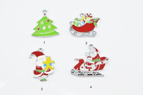 Enamel Christmas Charms, Christmas tree, Santa Claus jewelry making supplies