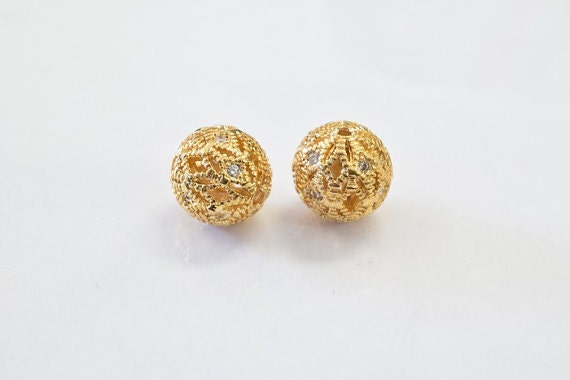 10mm Round Ball 18k Gold Filled Micro Pave Beads with Clear CZ Cubic Zirconia, 18K Gold Filled Findings For Jewelry Making...
