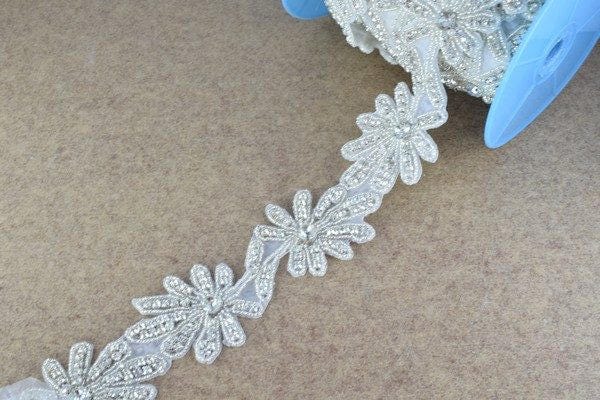 DIY 1 Yard Flower Crystal Rhinestone with Seed Beads Trim Silver Color with Clear Rhinestone RT0092 jewelry making supplie...