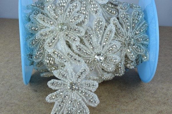 DIY 1 Yard Flower Crystal Rhinestone with Seed Beads Trim Silver Color with Clear Rhinestone RT0092 jewelry making supplie...