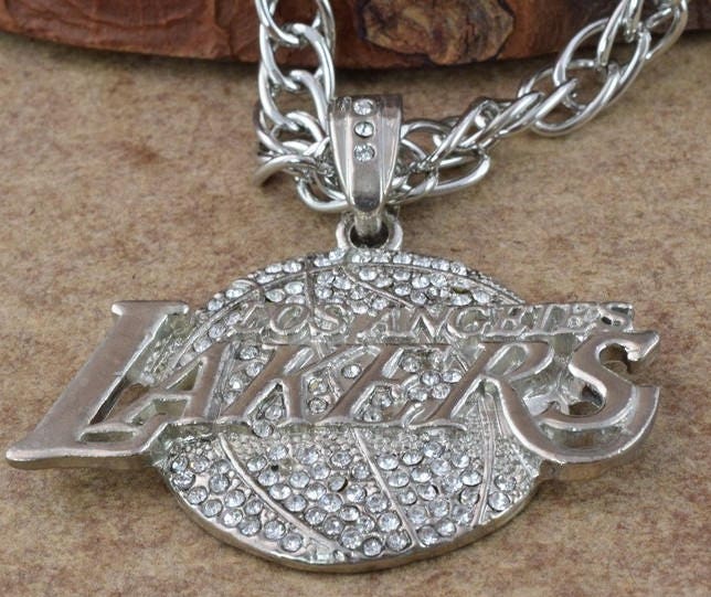 63x68mm Silver Plated Rhinestone Bling"LAKERS" Logo Pendant/Rhinestone Jewelry Large/Pendant, Rhinestone Pendant, Silver P...