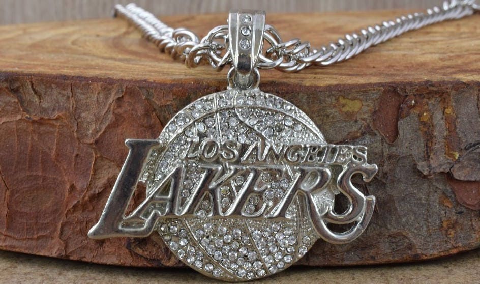 63x68mm Silver Plated Rhinestone Bling"LAKERS" Logo Pendant/Rhinestone Jewelry Large/Pendant, Rhinestone Pendant, Silver P...