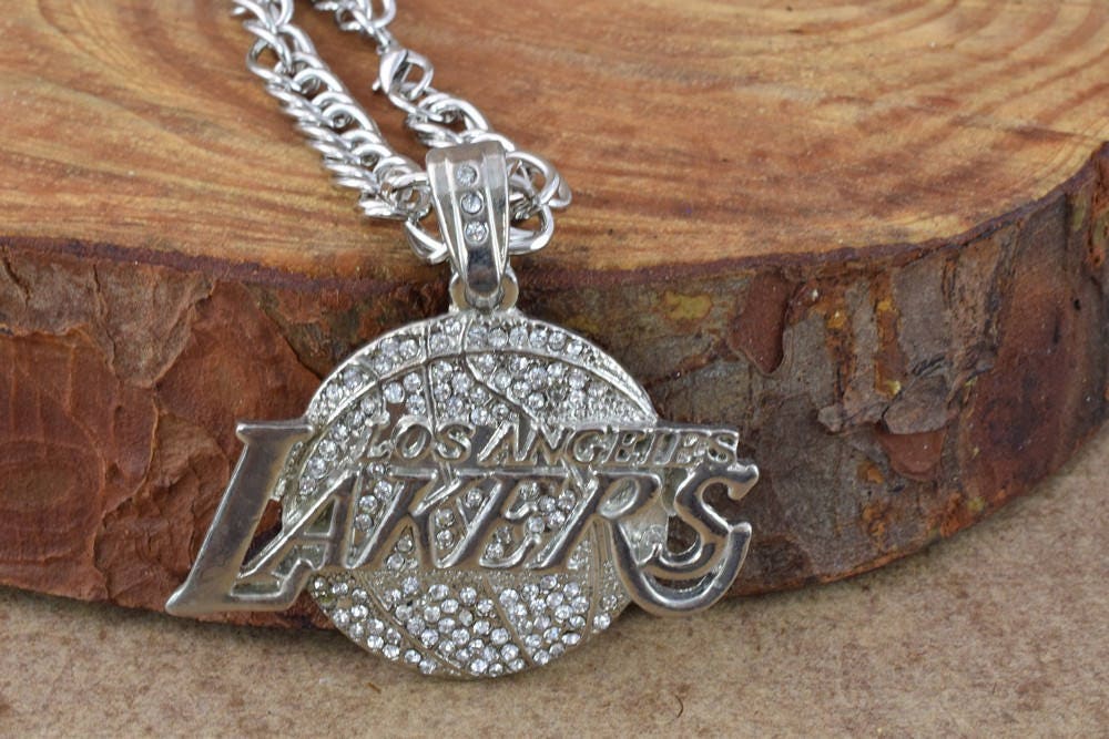 63x68mm Silver Plated Rhinestone Bling"LAKERS" Logo Pendant/Rhinestone Jewelry Large/Pendant, Rhinestone Pendant, Silver P...
