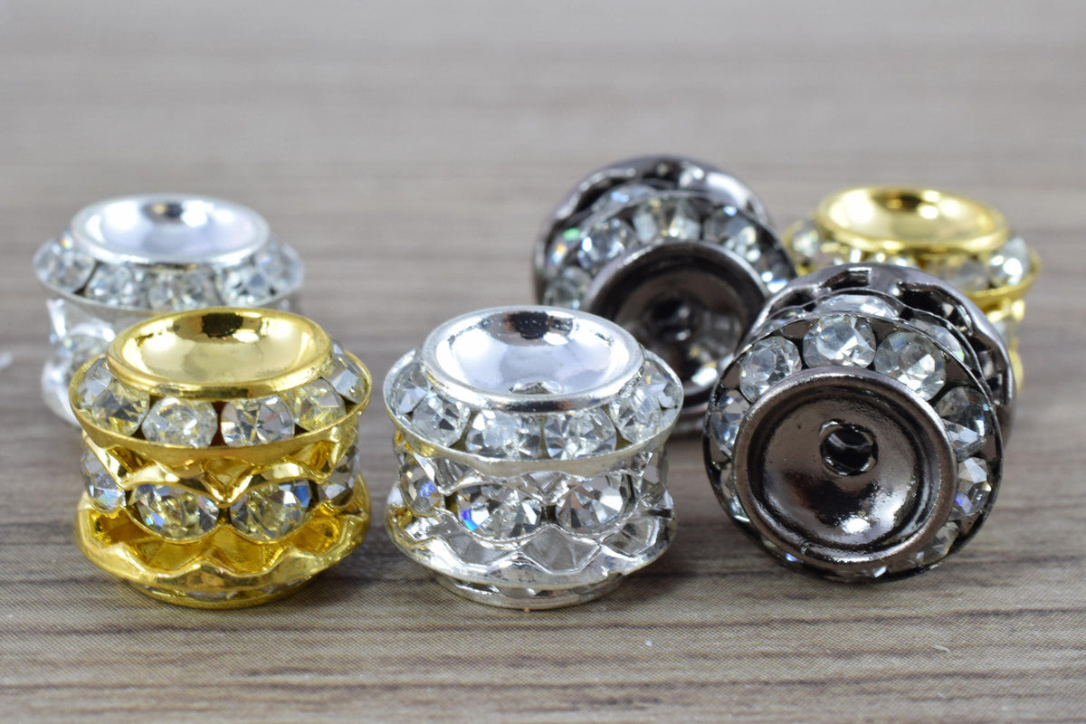 13x12mm Rondelle  Gold/Silver/Hematite  Plated  Beads with Clear Rhinestones, Rondelle Spacer Beads,  Metal Gold Spacer Be...