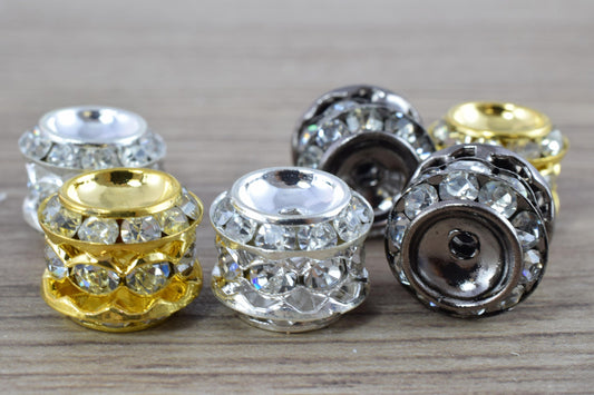 13x12mm Rondelle  Gold/Silver/Hematite  Plated  Beads with Clear Rhinestones, Rondelle Spacer Beads,  Metal Gold Spacer Be...