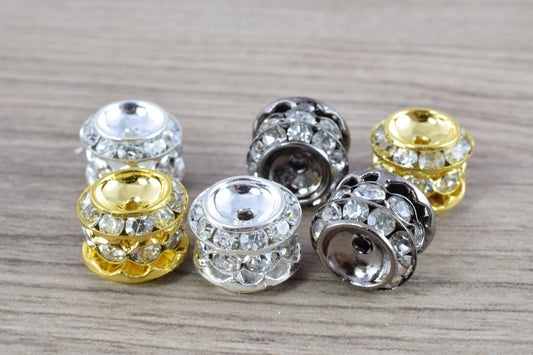 13x12mm Rondelle  Gold/Silver/Hematite  Plated  Beads with Clear Rhinestones, Rondelle Spacer Beads,  Metal Gold Spacer Be...