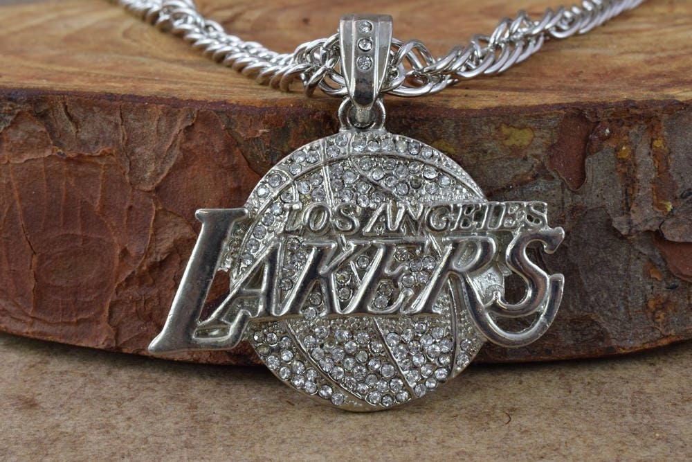 63x68mm Silver Plated Rhinestone Bling"LAKERS" Logo Pendant/Rhinestone Jewelry Large/Pendant, Rhinestone Pendant, Silver P...