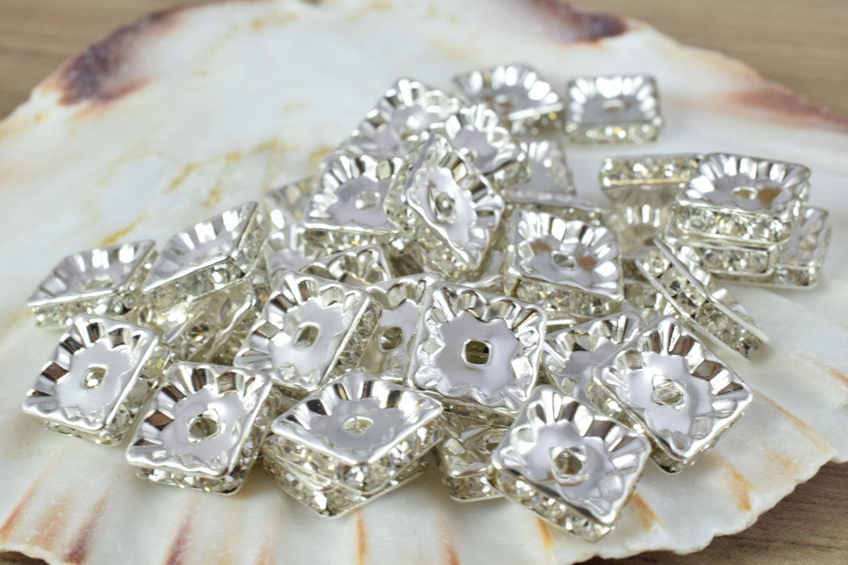 10mm Square Rhinestone Spacer Gold/Silver Plated Pave Beads,Gold Spacer, Silver Spacer Beads, Spacer Beads, Silver Plated...