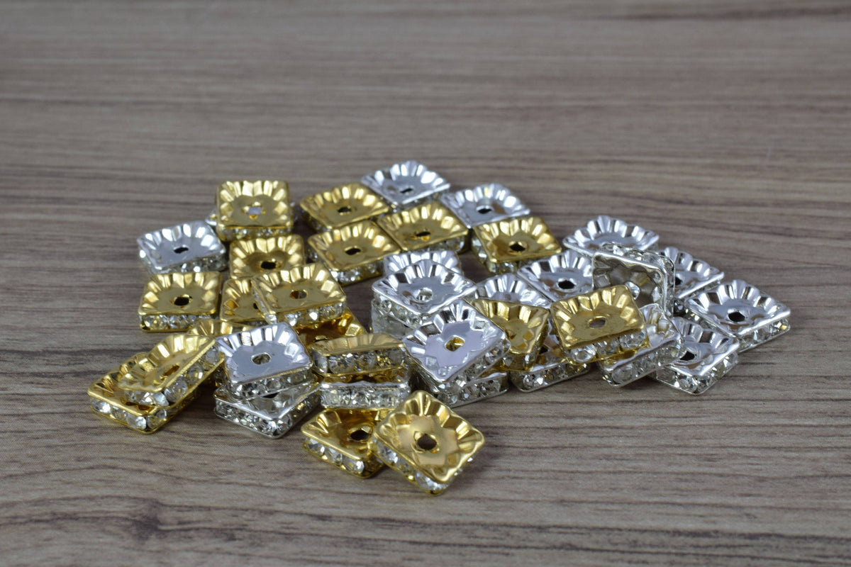 10mm Square Rhinestone Spacer Gold/Silver Plated Pave Beads,Gold Spacer, Silver Spacer Beads, Spacer Beads, Silver Plated...