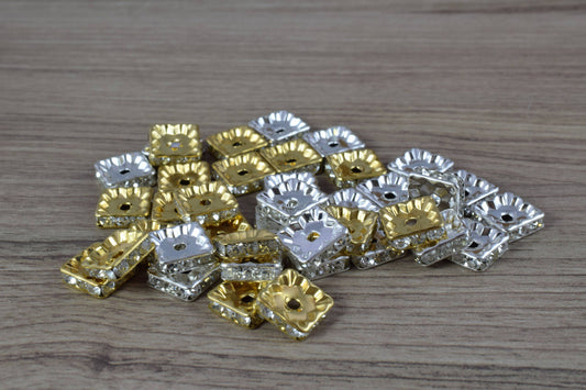 10mm Square Rhinestone Spacer Gold/Silver Plated Pave Beads,Gold Spacer, Silver Spacer Beads, Spacer Beads, Silver Plated...