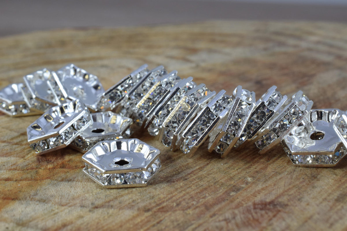 13mm Hexagon Roundel Beads, Silver Pave Beads,Gold Finish Hexagon, Rhinestone,Spacer Beads, Craft Supplies,Tools, Beads, G...