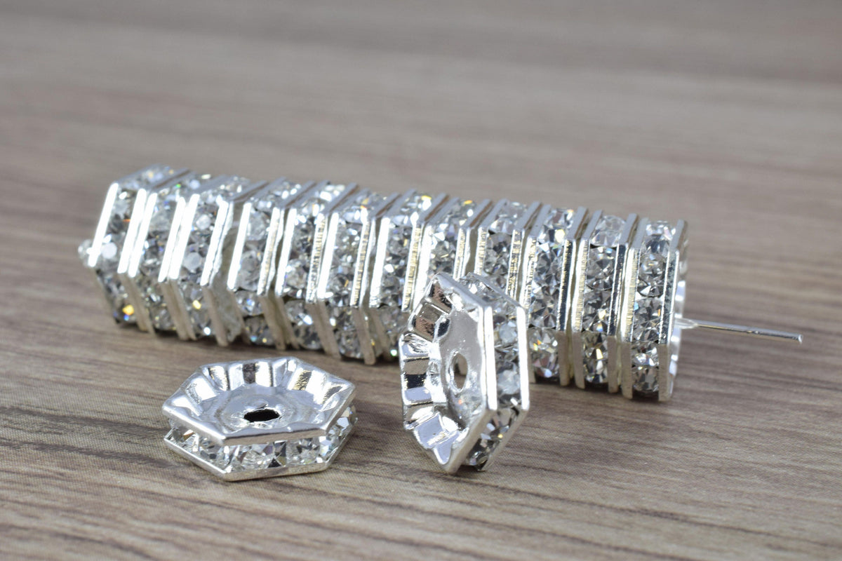 13mm Hexagon Roundel Beads, Silver Pave Beads,Gold Finish Hexagon, Rhinestone,Spacer Beads, Craft Supplies,Tools, Beads, G...
