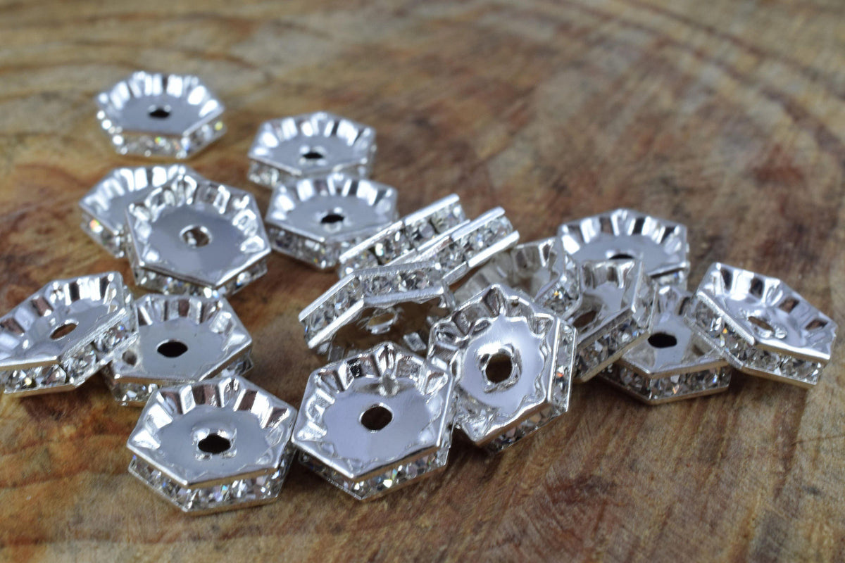 13mm Hexagon Roundel Beads, Silver Pave Beads,Gold Finish Hexagon, Rhinestone,Spacer Beads, Craft Supplies,Tools, Beads, G...