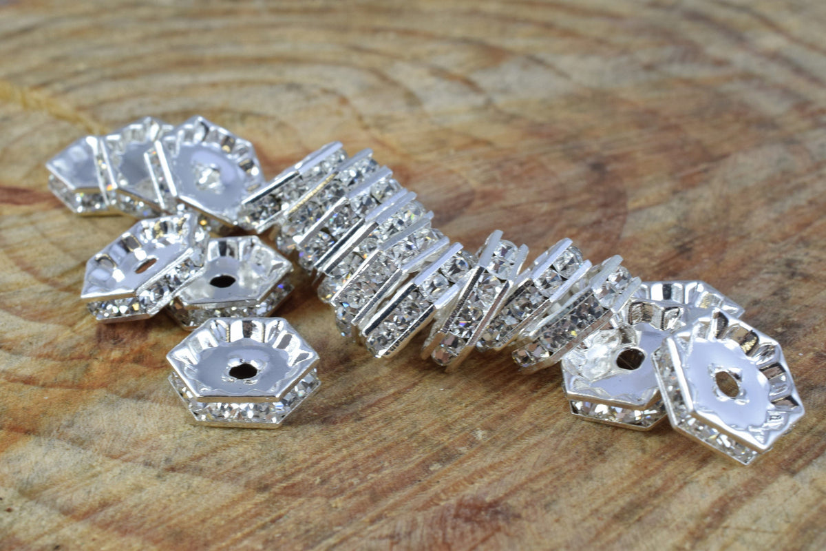 13mm Hexagon Roundel Beads, Silver Pave Beads,Gold Finish Hexagon, Rhinestone,Spacer Beads, Craft Supplies,Tools, Beads, G...