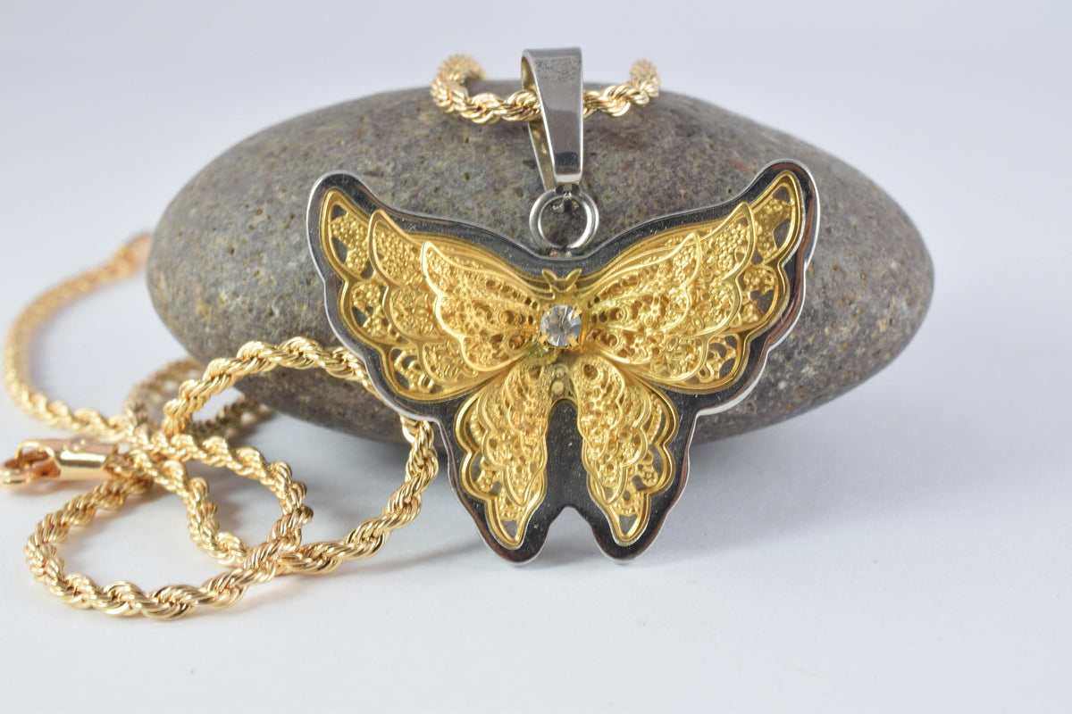 18K Gold Filled Butterfly Stainless Steel Pendant Or Rose Gold Filled With Rhinestone CZ Cubic Zirconia Size 28x36mm For J...