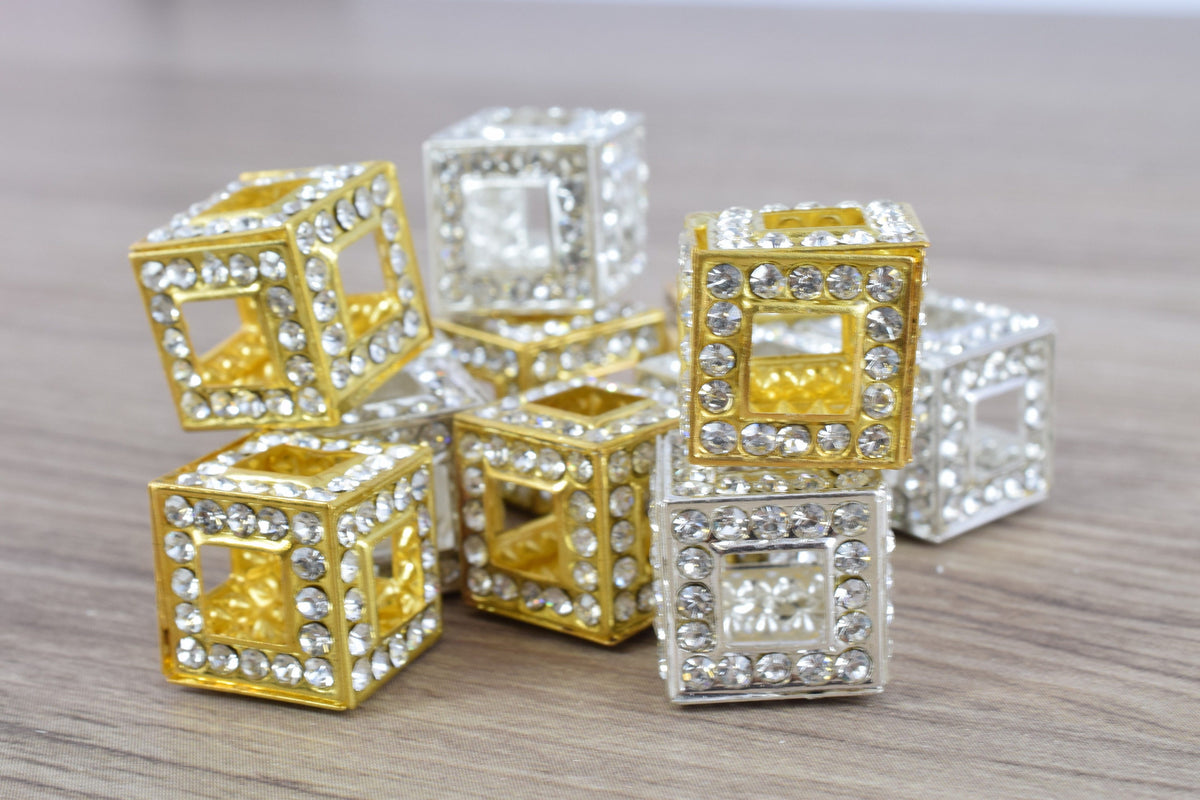 14mm Crystal Rhinestone Pave Big Hole Square Cube Spacer Beads,6 PCs for Jewelry Making, Craft Supplies, Tools,Findings, C...