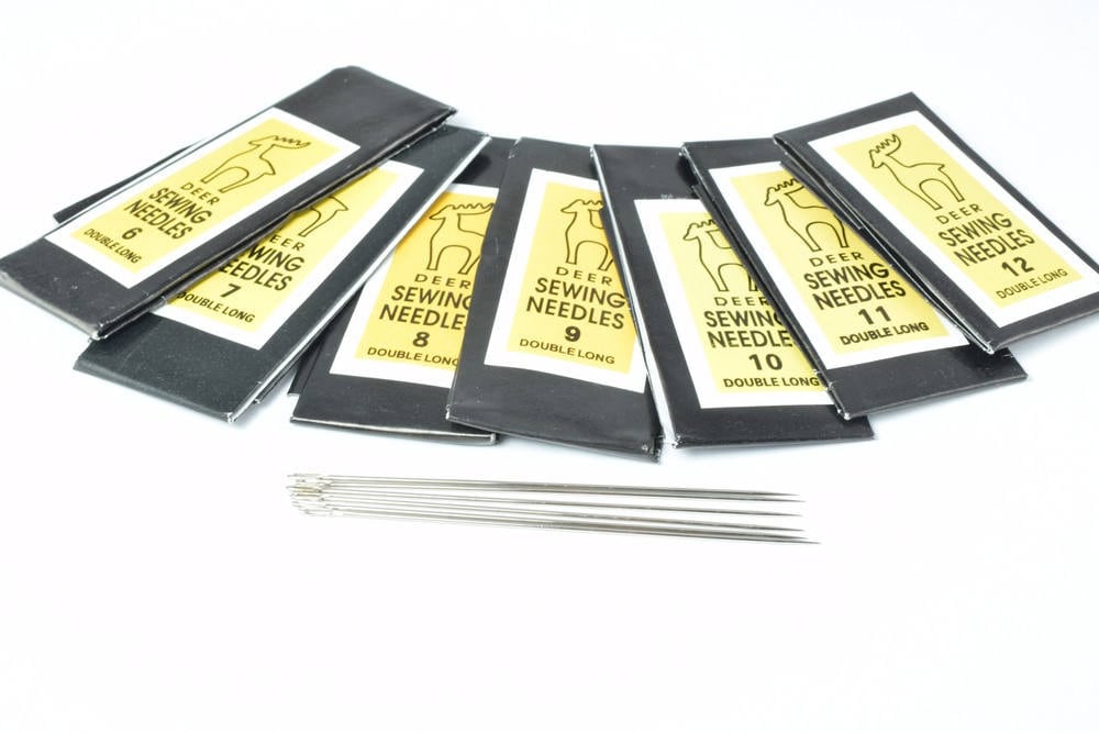 Deer Brand Double Long Sewing Needles: Sizes 6-12, Strong Zinc Alloy Steel | Beading, Embroidery, Quilting | 25 Pieces Per Size