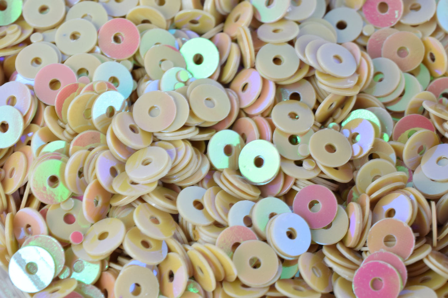 Round Sequins Loose: Warm Beige Iridescent Sheen for Costumes & Crafts (3mm-6mm Sizes, Center Hole, Bulk Pack)