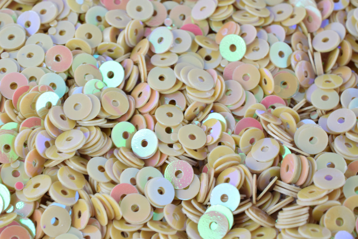 Round Sequins Loose: Warm Beige Iridescent Sheen for Costumes & Crafts (3mm-6mm Sizes, Center Hole, Bulk Pack)