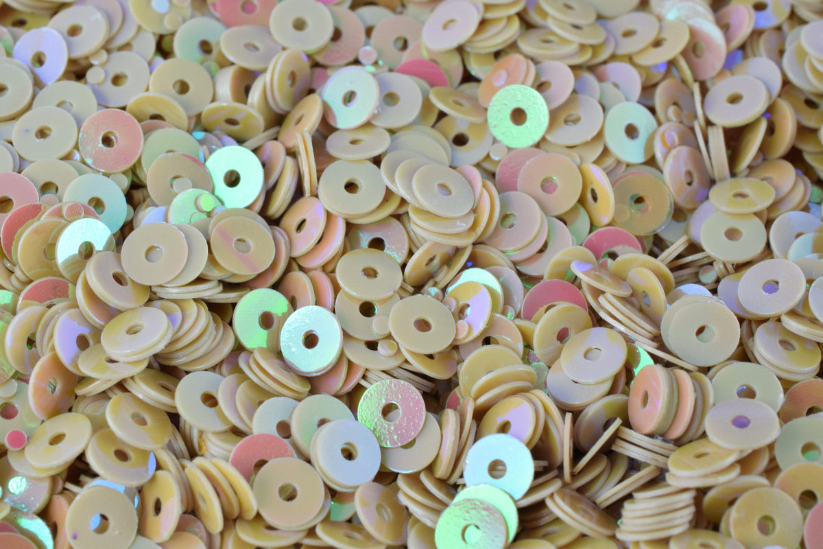 Round Sequins Loose: Warm Beige Iridescent Sheen for Costumes & Crafts (3mm-6mm Sizes, Center Hole, Bulk Pack)
