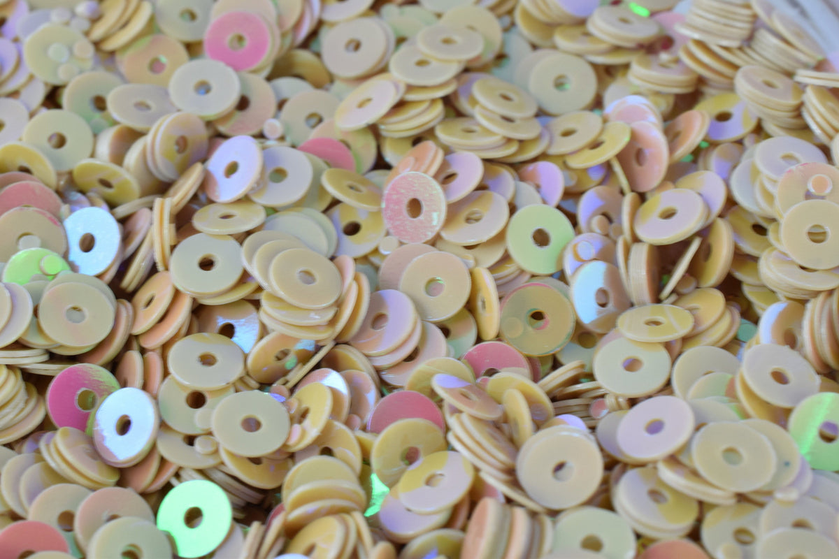 Round Sequins Loose: Warm Beige Iridescent Sheen for Costumes & Crafts (3mm-6mm Sizes, Center Hole, Bulk Pack)
