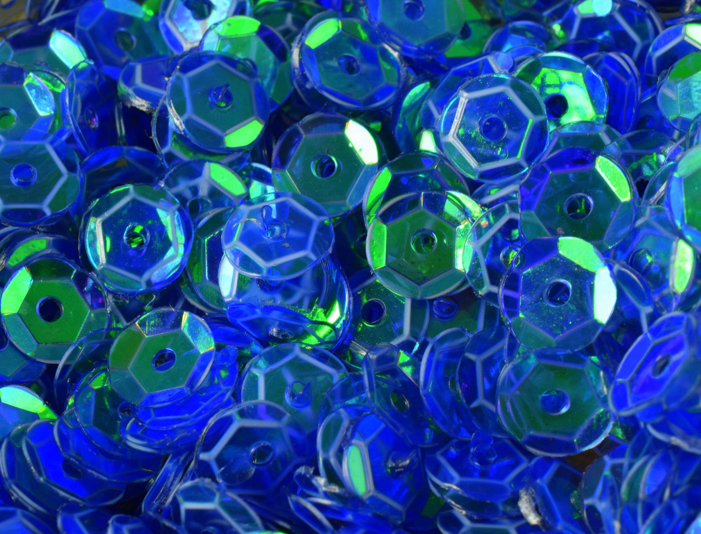 Blue Clear Green Cup Iridescent Sheen Round Sequins, Loose Paillettes (3/4/6mm Sizes, 0.5-1mm Center Hole, 2000pcs Pack)