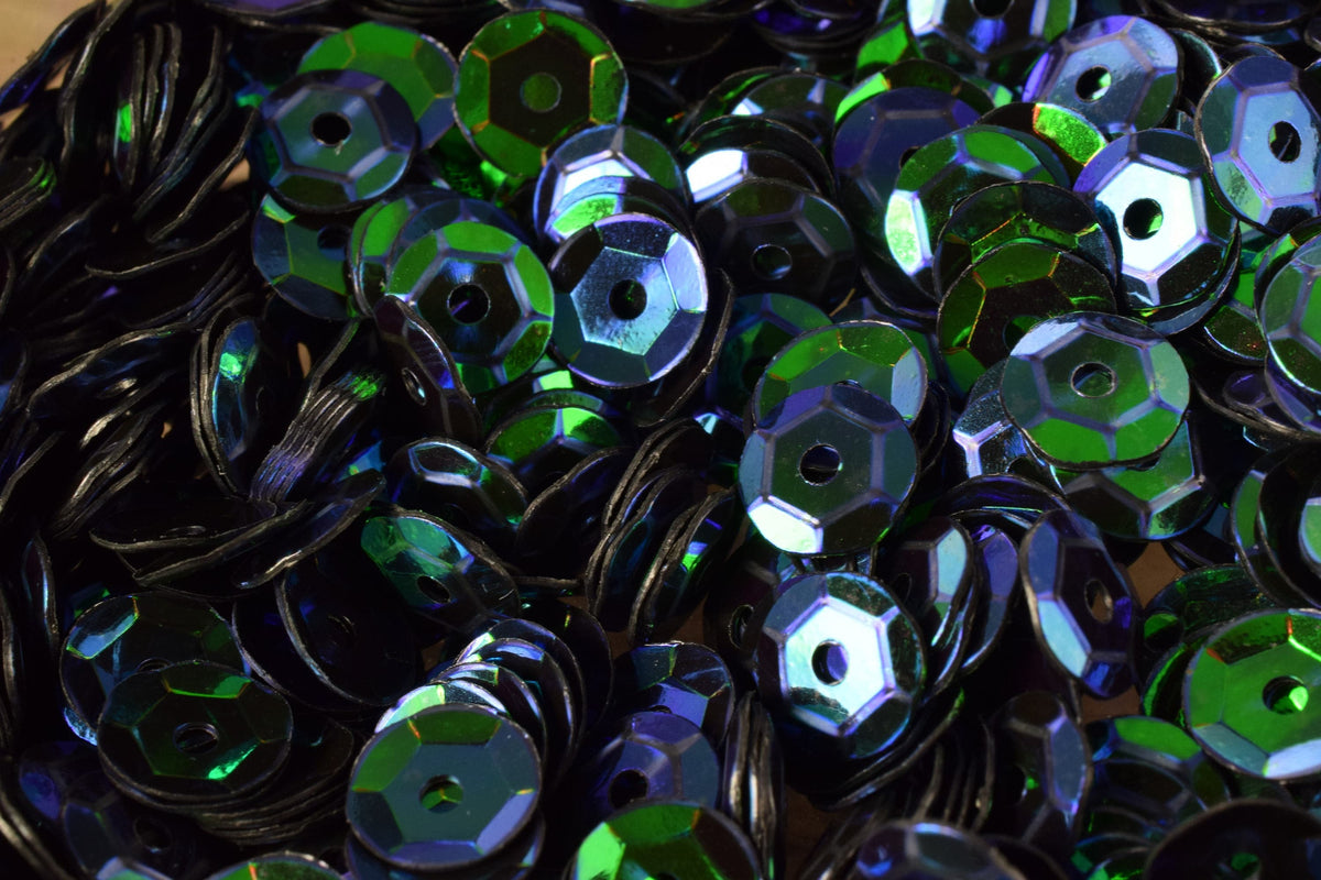 Dark Blue Green Sheen Round Sequins, Cup Style, Glossy Iridescent (3mm-6mm Sizes, 2000pcs Pack, Lightweight Plastic)