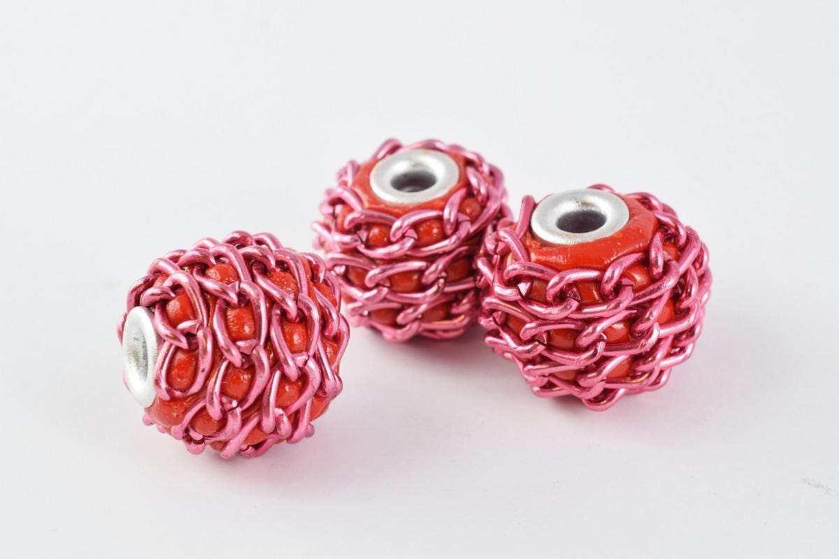 17mm Indonesian Clay Beads With Chian Around Handmade Beads 6 PCs, Bohemian Bali Style Jewelry Making Decorative Round Bea...