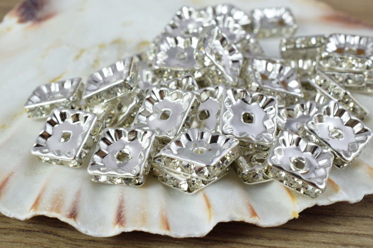 10mm Square Rhinestone Spacer Gold/Silver Plated Pave Beads,Gold Spacer, Silver Spacer Beads, Spacer Beads, Silver Plated...