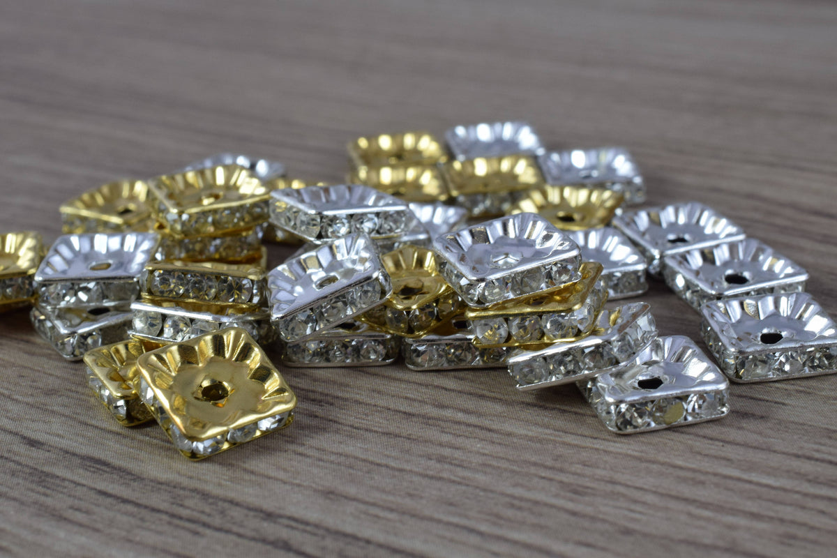 10mm Square Rhinestone Spacer Gold/Silver Plated Pave Beads,Gold Spacer, Silver Spacer Beads, Spacer Beads, Silver Plated...
