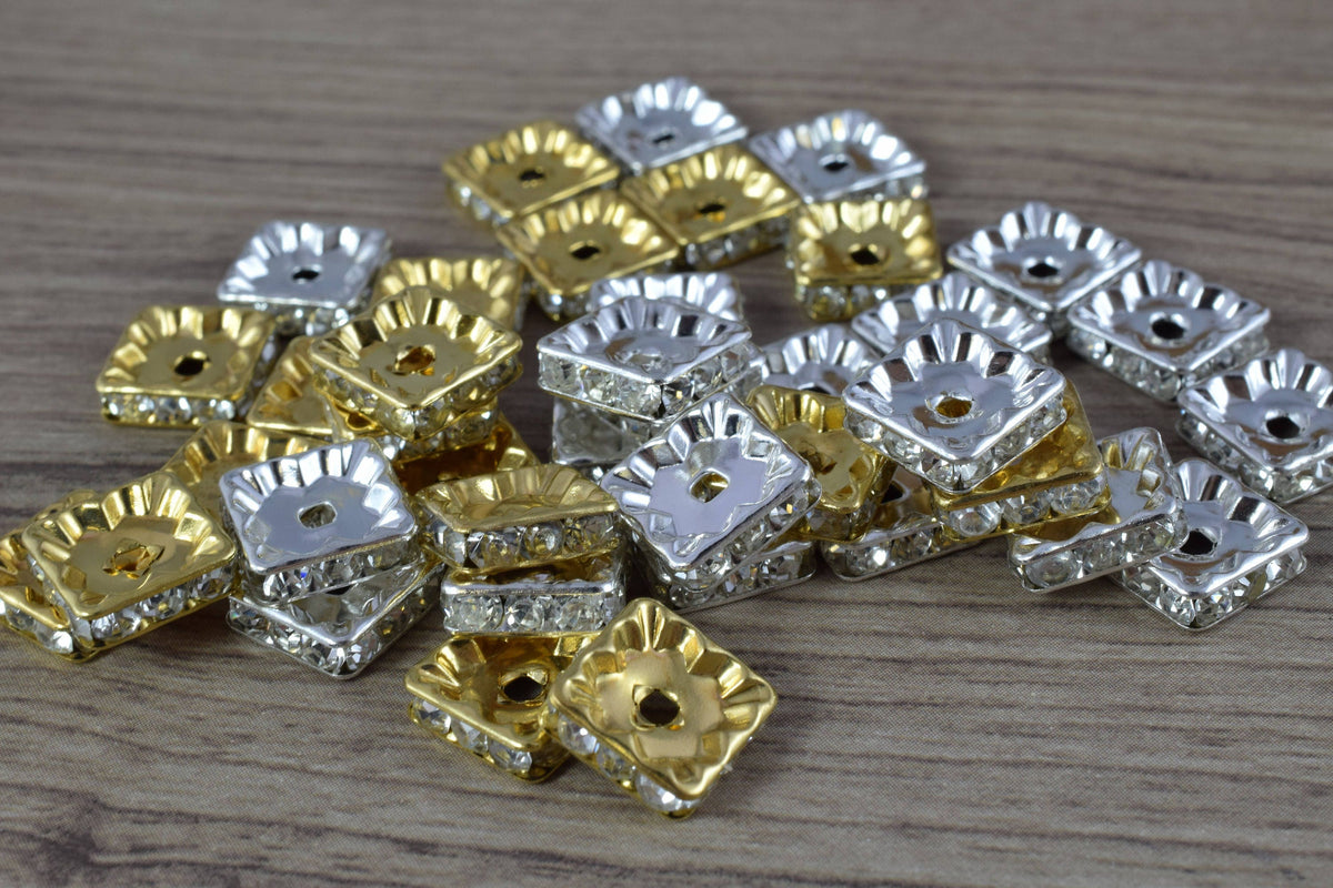 10mm Square Rhinestone Spacer Gold/Silver Plated Pave Beads,Gold Spacer, Silver Spacer Beads, Spacer Beads, Silver Plated...