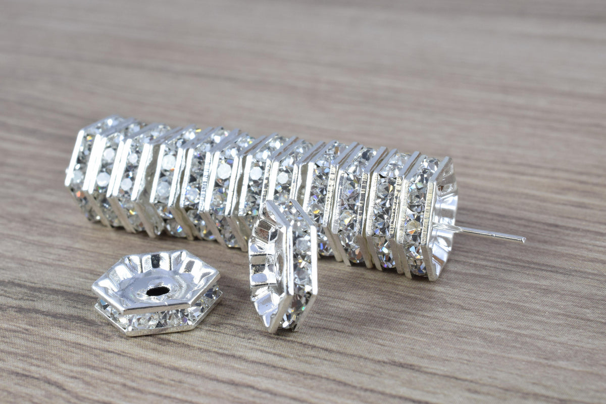 13mm Hexagon Roundel Beads, Silver Pave Beads,Gold Finish Hexagon, Rhinestone,Spacer Beads, Craft Supplies,Tools, Beads, G...