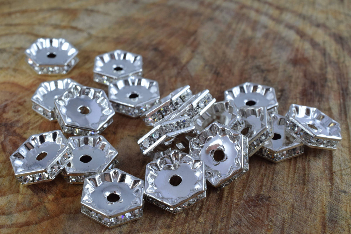 13mm Hexagon Roundel Beads, Silver Pave Beads,Gold Finish Hexagon, Rhinestone,Spacer Beads, Craft Supplies,Tools, Beads, G...