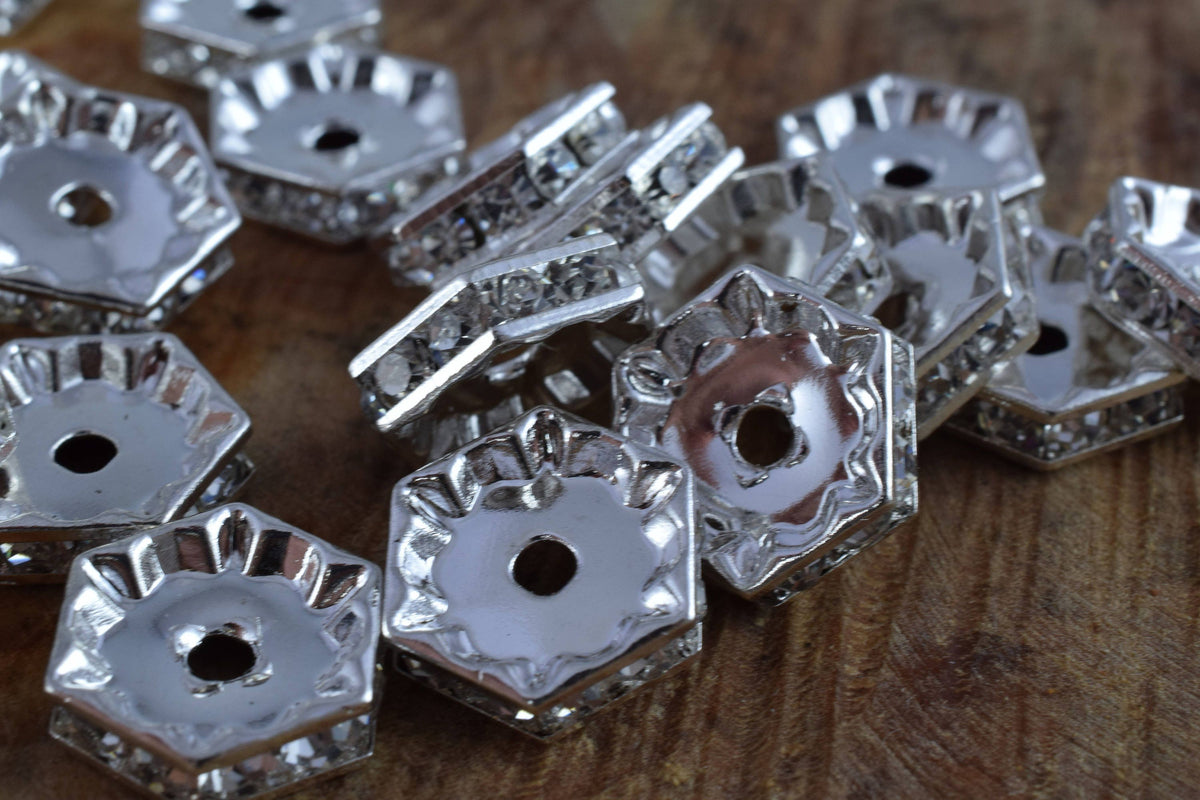 13mm Hexagon Roundel Beads, Silver Pave Beads,Gold Finish Hexagon, Rhinestone,Spacer Beads, Craft Supplies,Tools, Beads, G...
