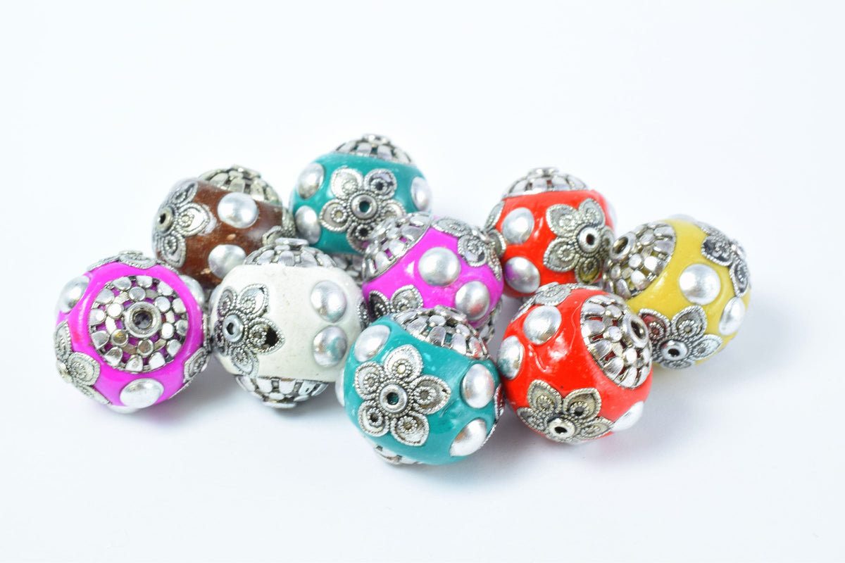 Handmade Beads 4 Pcs - Bohemian Bali Style Vibrant Clay Beads - Round Jewelry Components, Artisan Craft Supplies, Colorful Design