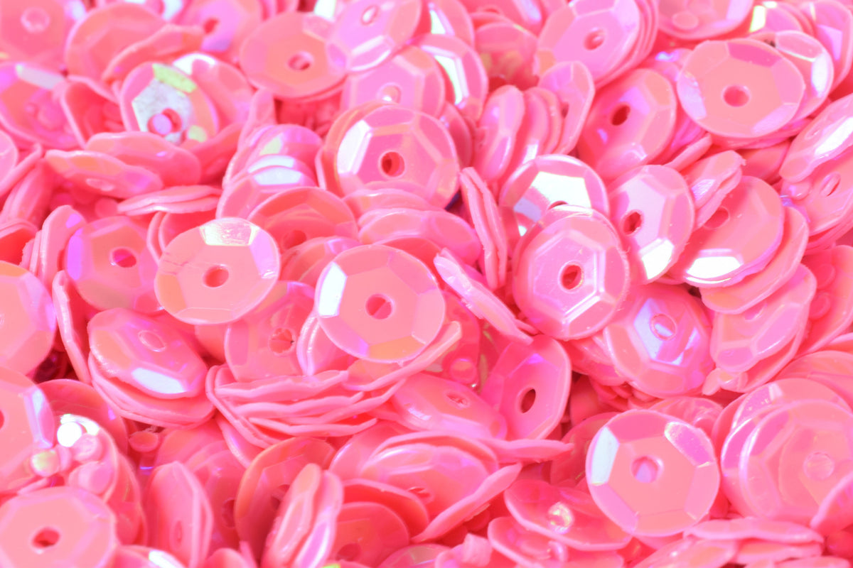 Bright Baby Pink Cup Iridescent Sheen Sequins: Shimmering Round Loose Paillettes - 3 Sizes, Center Hole, Apparel Embellishment