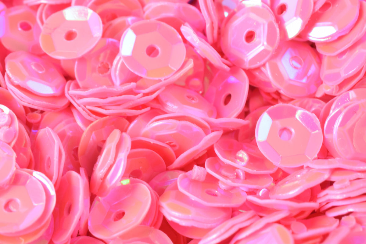 Bright Baby Pink Cup Iridescent Sheen Sequins: Shimmering Round Loose Paillettes - 3 Sizes, Center Hole, Apparel Embellishment