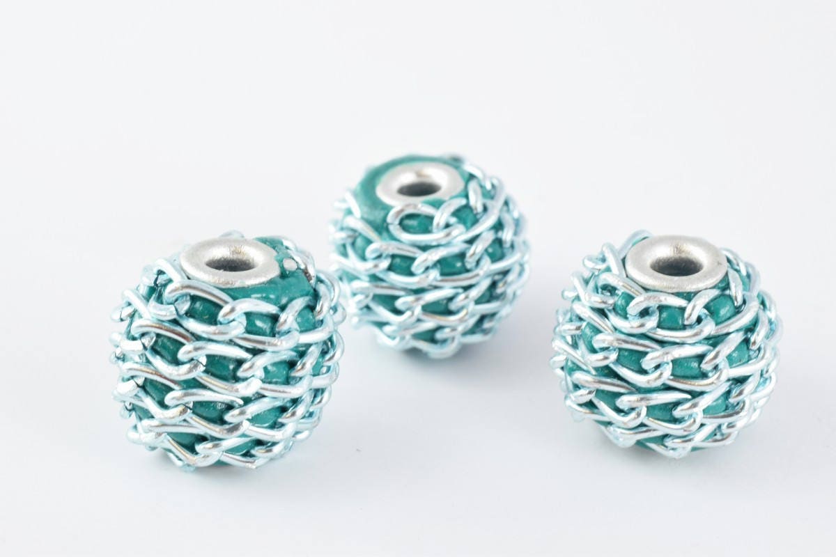 17mm Indonesian Clay Beads With Chian Around Handmade Beads 6 PCs, Bohemian Bali Style Jewelry Making Decorative Round Bea...