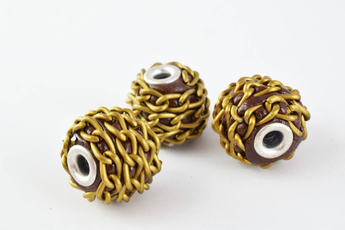 17mm Indonesian Clay Beads With Chian Around Handmade Beads 6 PCs, Bohemian Bali Style Jewelry Making Decorative Round Bea...