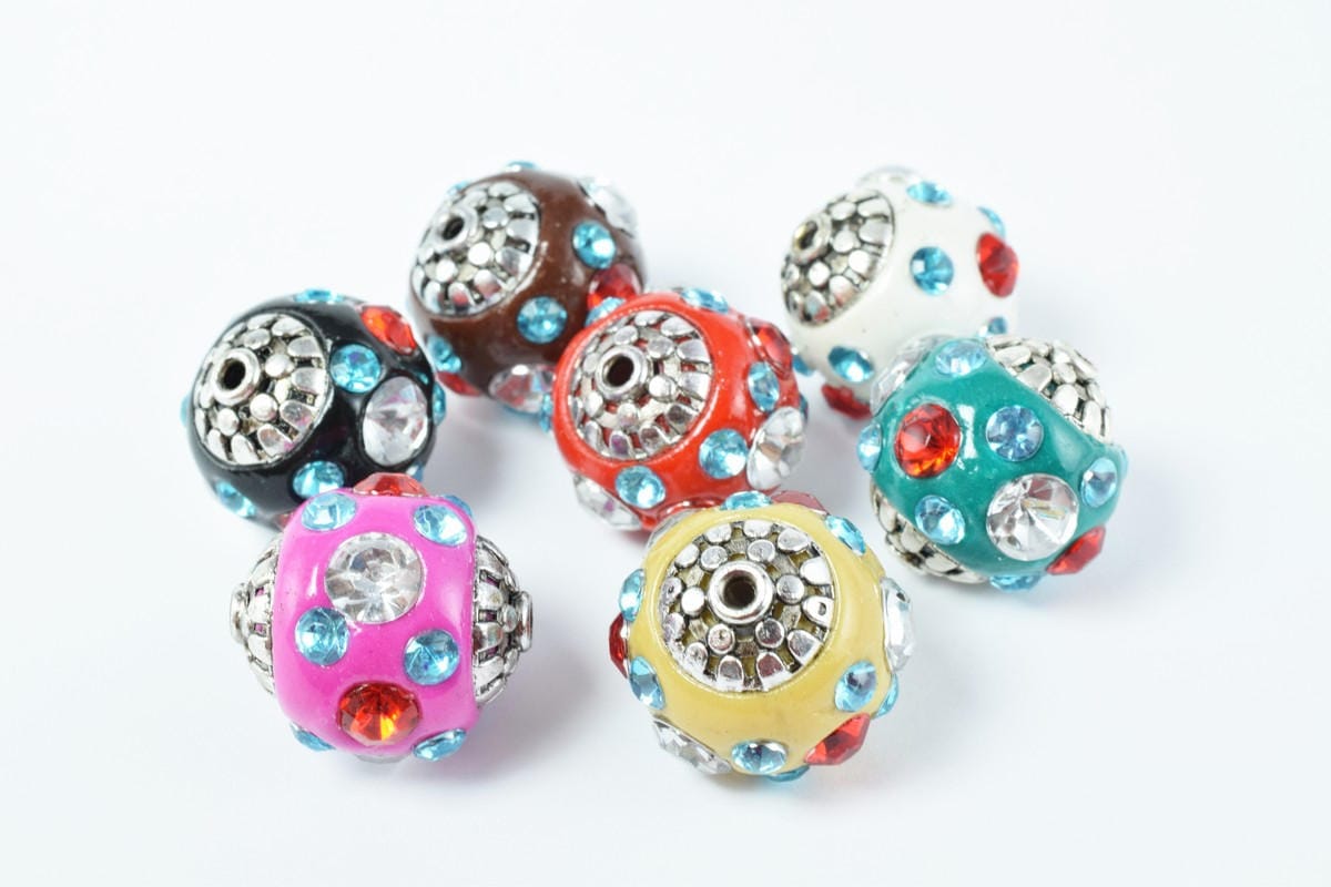 Kashmir Clay Beads Set: Bohemian Bali Style Artisan Beads, Multicolor Natural Clay (Handmade, Round 18mm, Jewelry Making)