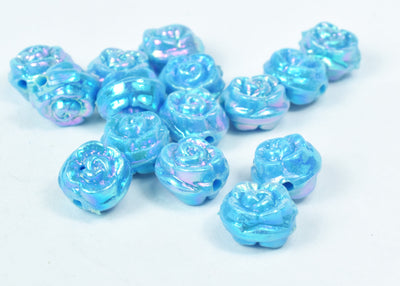 10mm Irridescent Blue Glossy Rose Cabochons Beads/Acrylic Tiny Little Rose Rosette/Glossy Shiny Bud/Roses Blossom/Pierced...