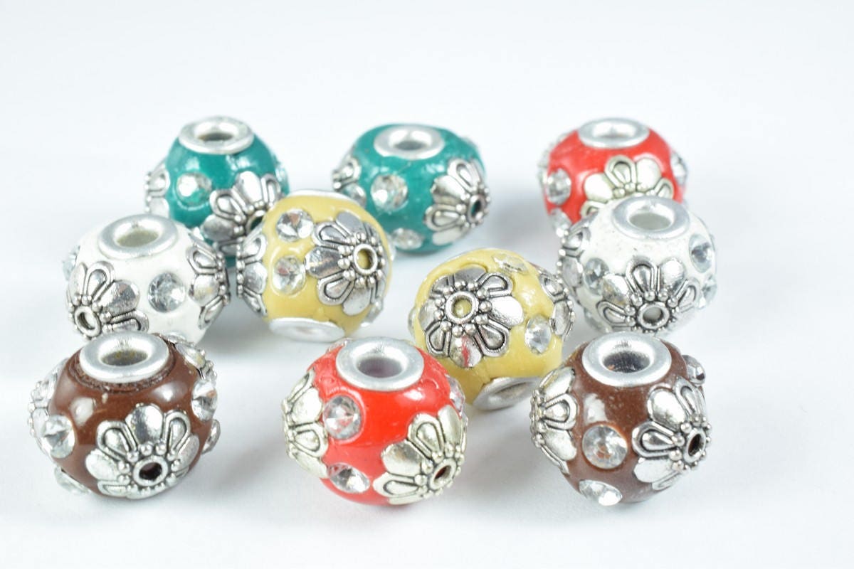 Indonesian Kashmir Clay Beads Handmade Beads 8 PCs, Bohemian Bali Style Jewelry Making Decorative Round Beads, Studded Bea...
