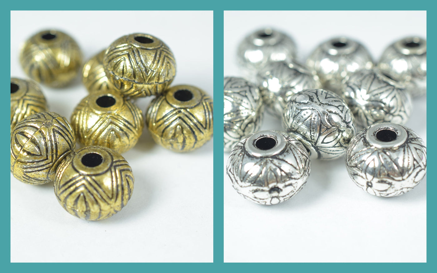 21x13mm Silver/Gold Antique Plastic Beads/Large Ornate/Silver/Gold Baroque Filigree Embossed Fancy Lantern Round Ball Bead...